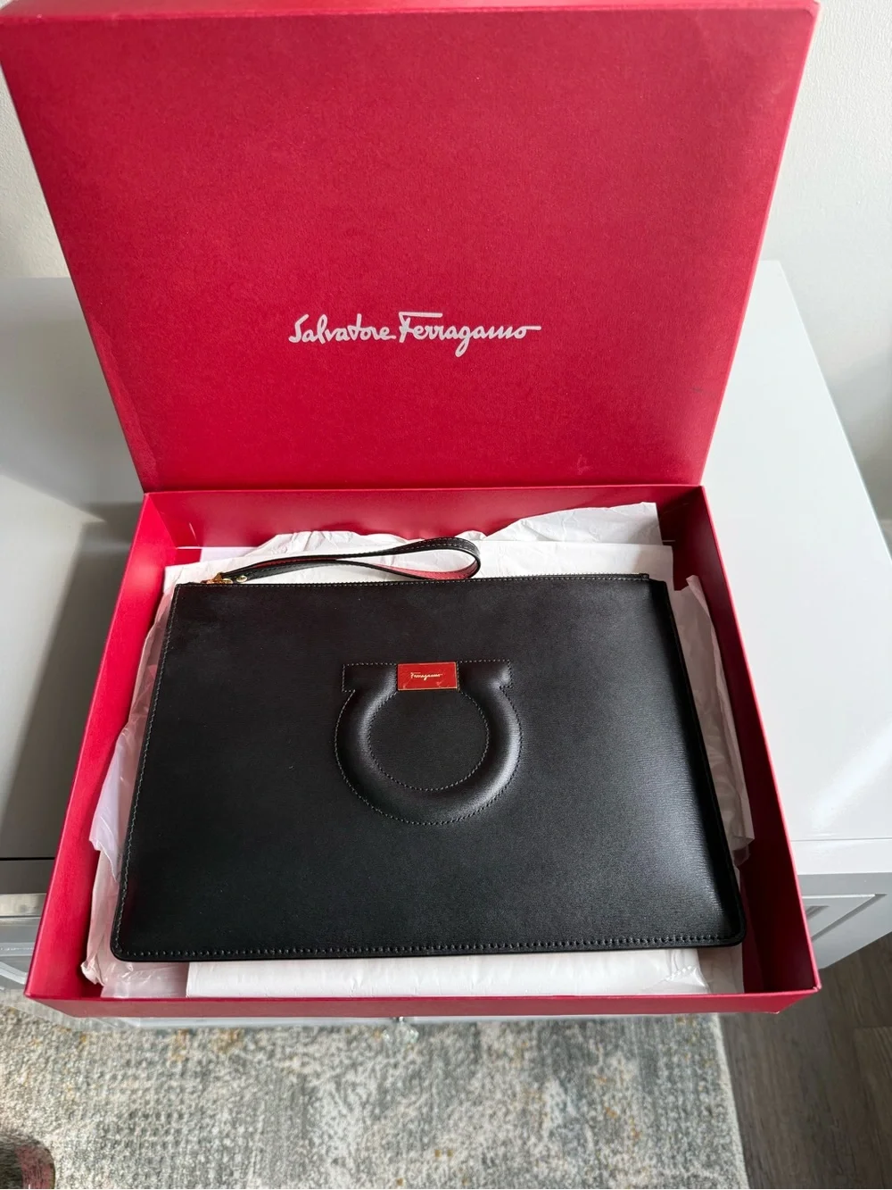 Salvatore Ferragamo Black Leather Gancini Wristlet Clutch